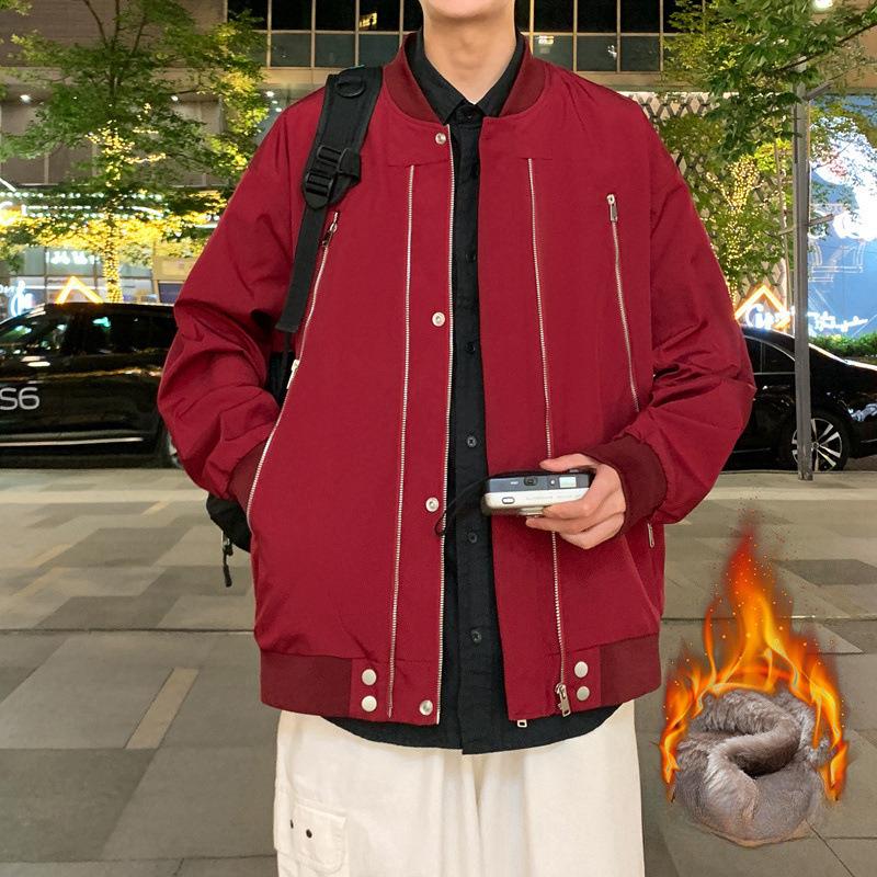 Autumn and Winter Loose Couple Multi-zip Baseball Collar Solid Color Waterproof Jacket
