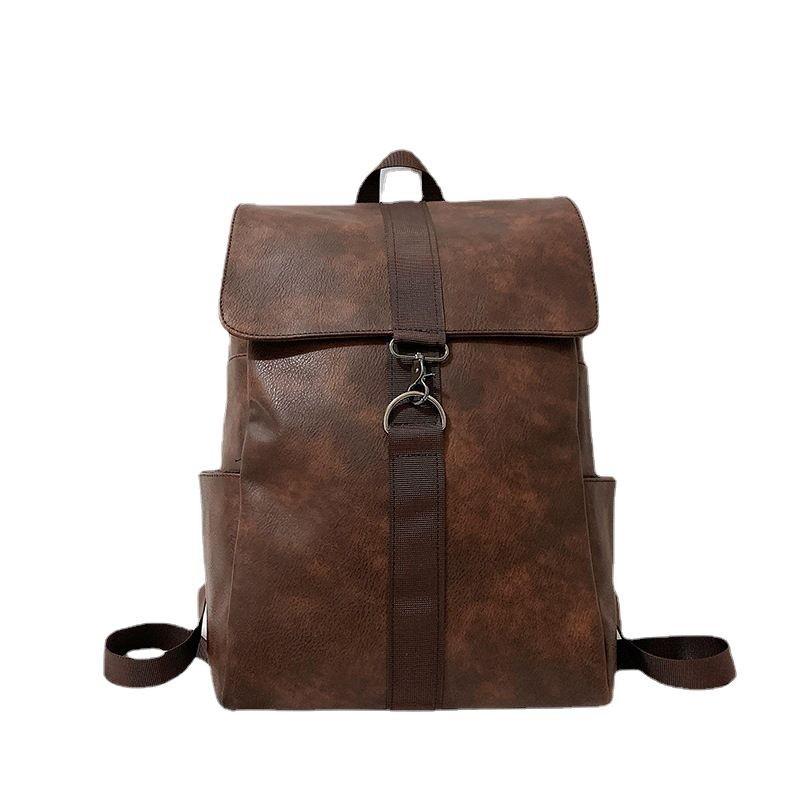 Schoolbag Retro Backpack Male PU Leather Backpack Female College Student Simple School Bag Campus Computer Bag Large Capacity Travel Bag
