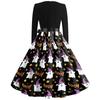 Women's Casual Vintage Halloween Dress V Neck Long Sleeve Retro Style Fit and Flare Knee Length Dress with Ghost Print and Waist Tie
