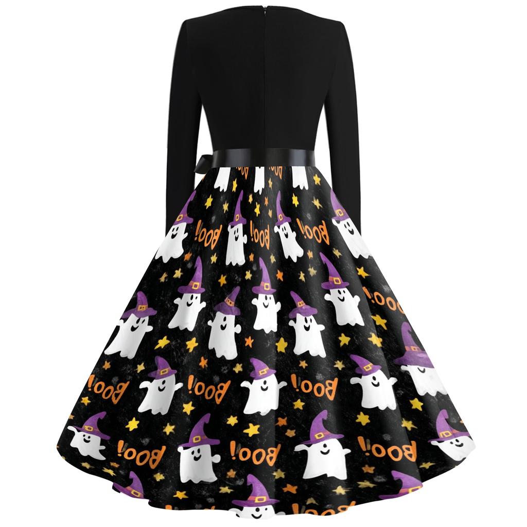 Women's Casual Vintage Halloween Dress V Neck Long Sleeve Retro Style Fit and Flare Knee Length Dress with Ghost Print and Waist Tie