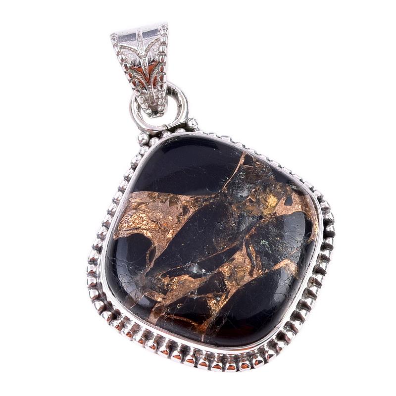 Natural Black Copper Turquoise 925 Solid Sterling Silver Gift Pendant 1.25" w0N41