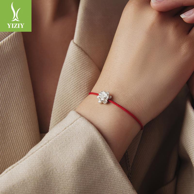 S925 Sterling Silver Lotus Red Rope Bracelet Women'S Exquisite Three-Dimensional Flower Lucky Bracelet Bracelet Jewelry