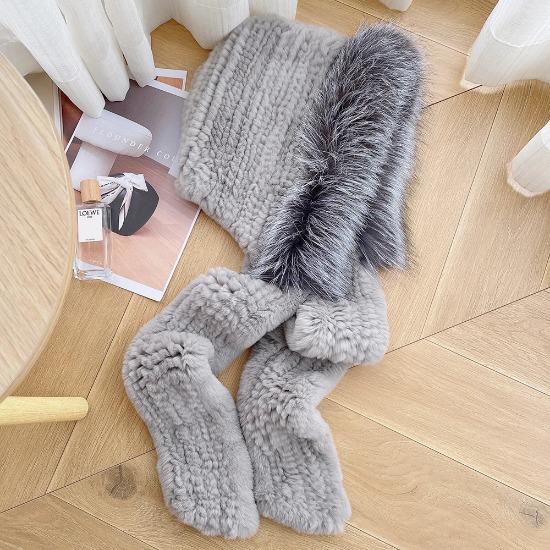 Thick real fox fur scarf cap Luxury women's cap hand knitted real rex rabbit fur hat scarf Girls winter warmth outdoor ski cap