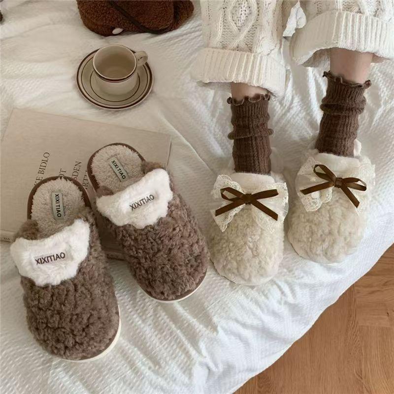 Winter Cotton Slippers Women Student Bow Thick Sole Anti Slip Warm Home Casual Versatile House Slippers