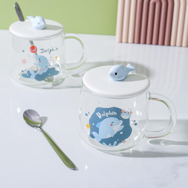 Heat Resistant Glass Cup Nordic Mug Home Office Couple Dolphin Cup Milk Coffee Cup with Lid Spoon