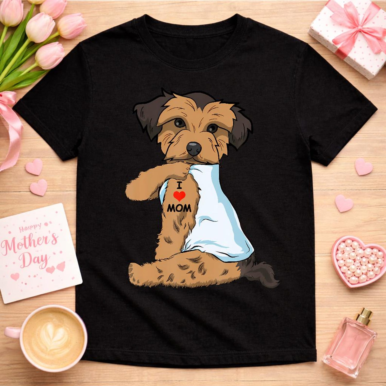 Tattooed Morkie Shirt, Morkshire Terrier I Love Mom Tee, Dog Lover Gift 4XL