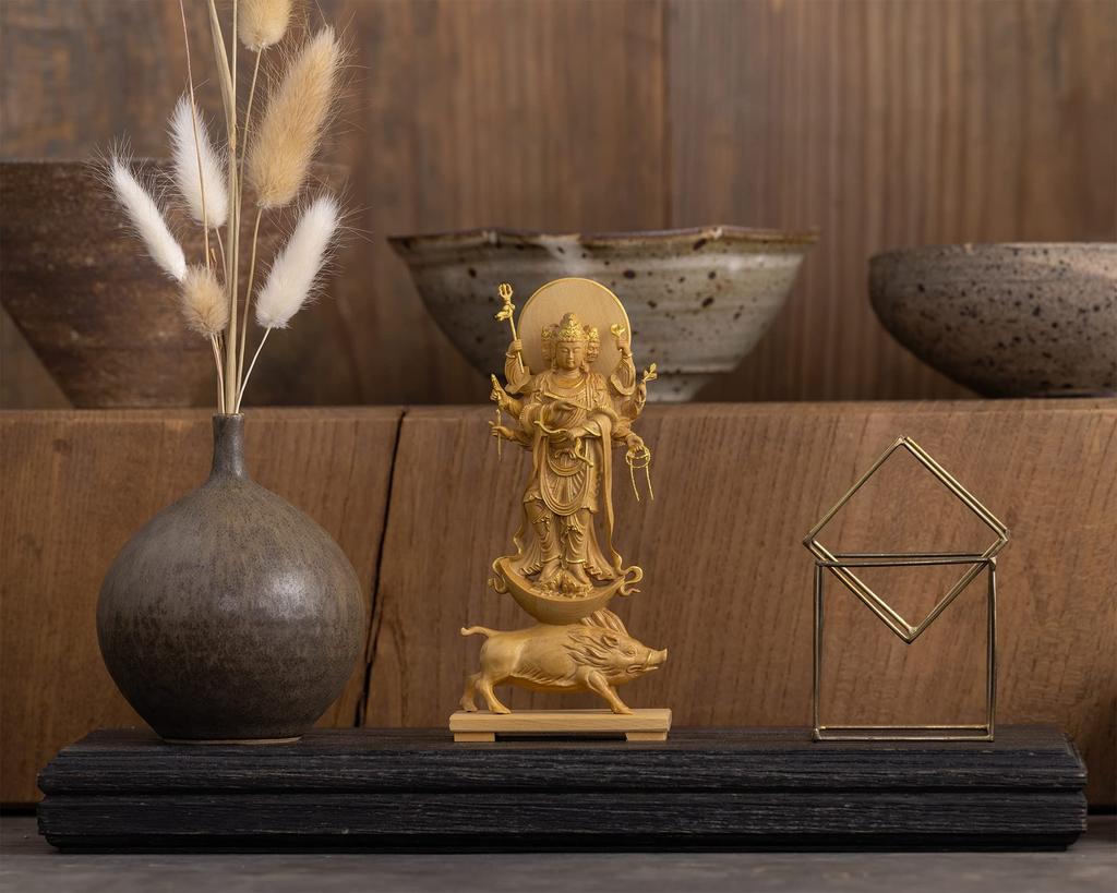 Drobná stojící socha Buddhy Marishiten, zimostráz, zlatá barva, socha, dřevořezba, ozdoba Marishin 13,5 cm (Dřevěná povrchová úprava)_Buddha (GSB