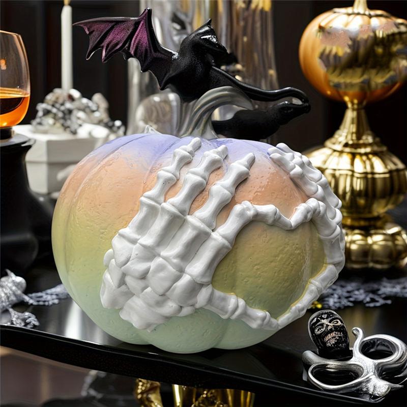 Dopamine Halloween Pink Skull Hand Pumpkin Carving Statue Gothic Style Decorative Resin Craft Desktop Accessory Decor Dapamine