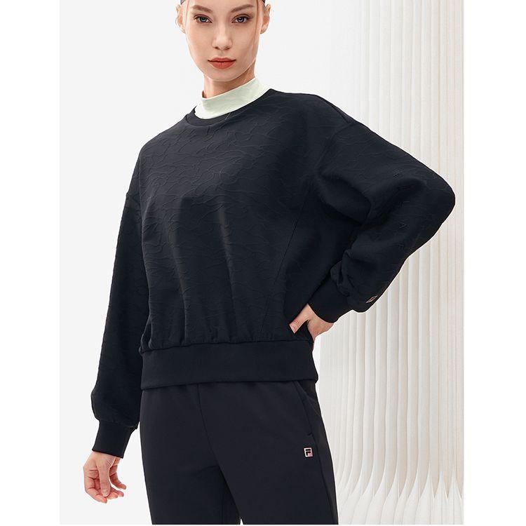 Fila Athletics Loose Fit Crew Neck Solid Color Sports Casual Knit Pullover Long Sleeve Sweatshirt Women Sweatshirt Deep-Black A11W241212FBK