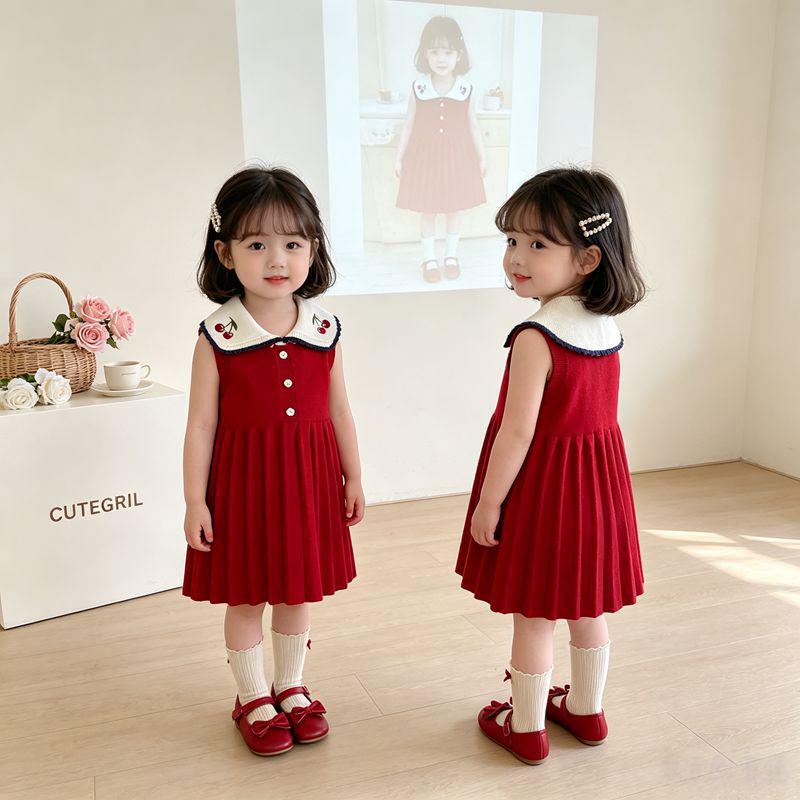 Red Cherry Blossom Knitted Sleeveless Dress for Girls - Spring/Autumn Style with Lapel