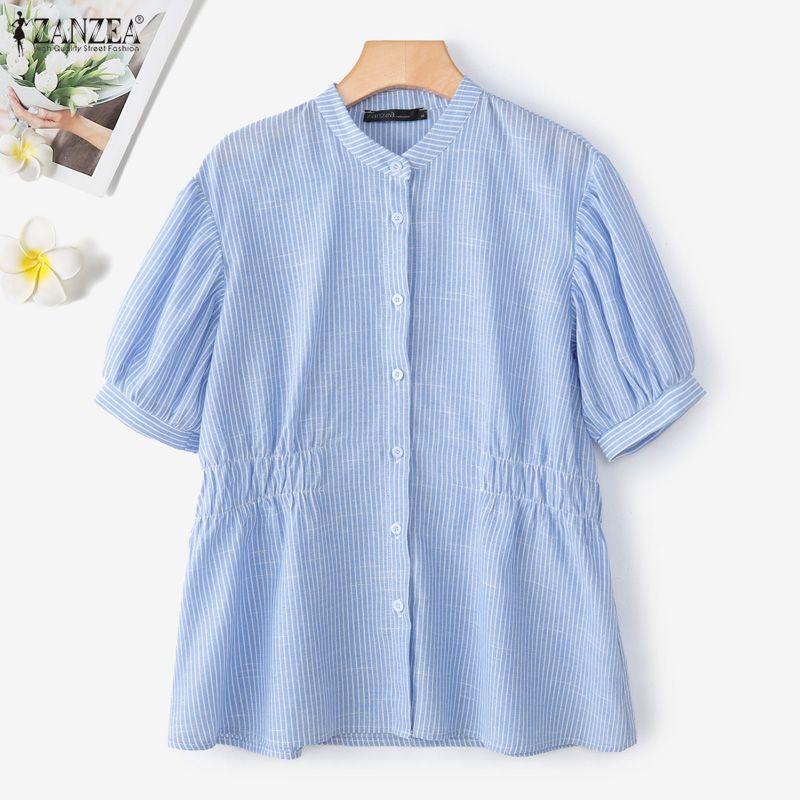 ZANZEA Women Casual Round Neck Loose Short Sleeve Stripe Blouse
