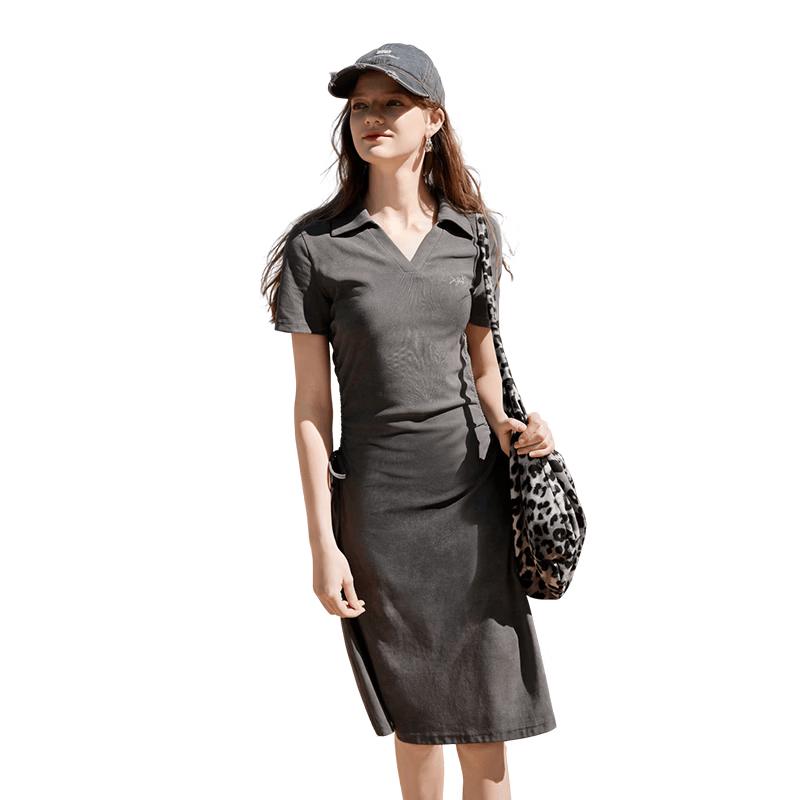 Xiangying Women's Polo Collar Ruched Waist Slim Dress