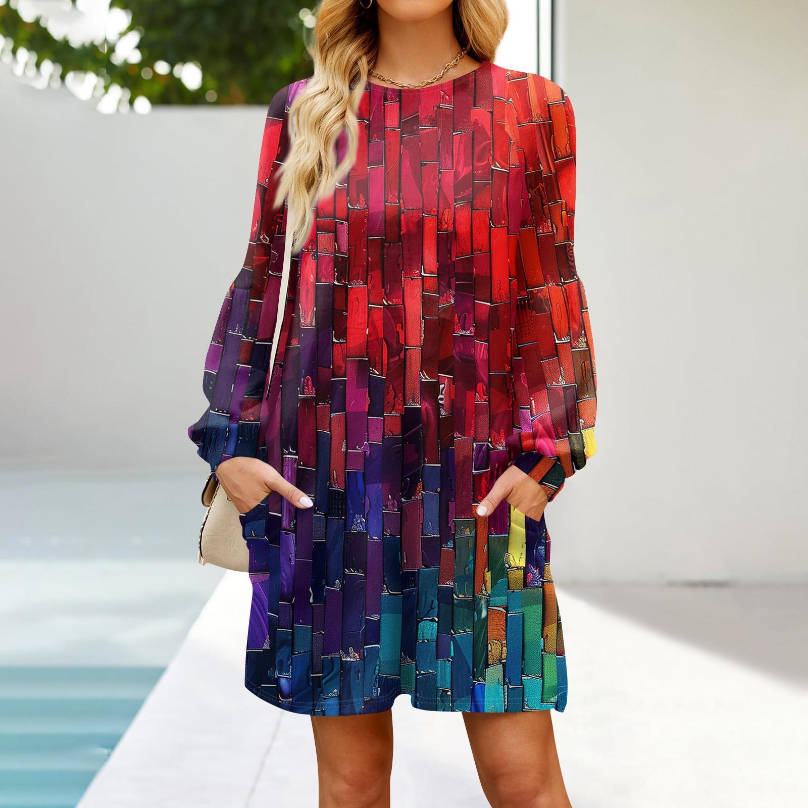 

Модное женское платье трапециевидной формы с длинным рукавом. Осенний повседневный пуловер с круглым вырезом. Свободное платье с карманами. S