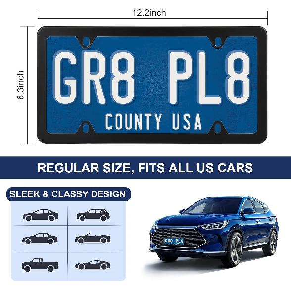 2 Pack Black License Plate Frames, Stainless Steel License Plate Cover, Matte License Plate Holder Car Accessories with Screw Caps (4 Holes)