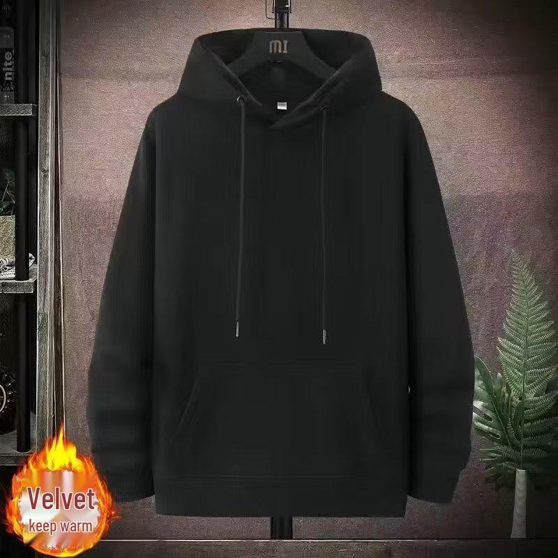 2024 Men's Plus Size Velvet-Lined Hoodie: Trendy, Loose-Fit, Pure Color for Autumn & Winter