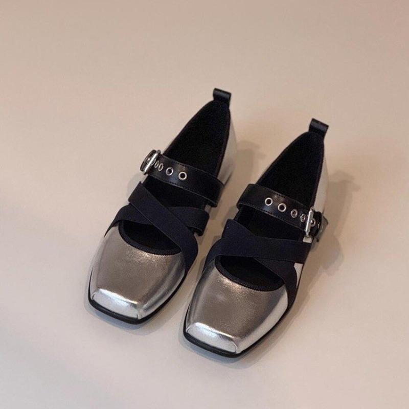 

Fashion Square Heel Single Shoes Autumn New Square Toe Shallow Rivet Metal Slip Strap Soft Sole Non-Slip Low Top Shoes 35 серебряный