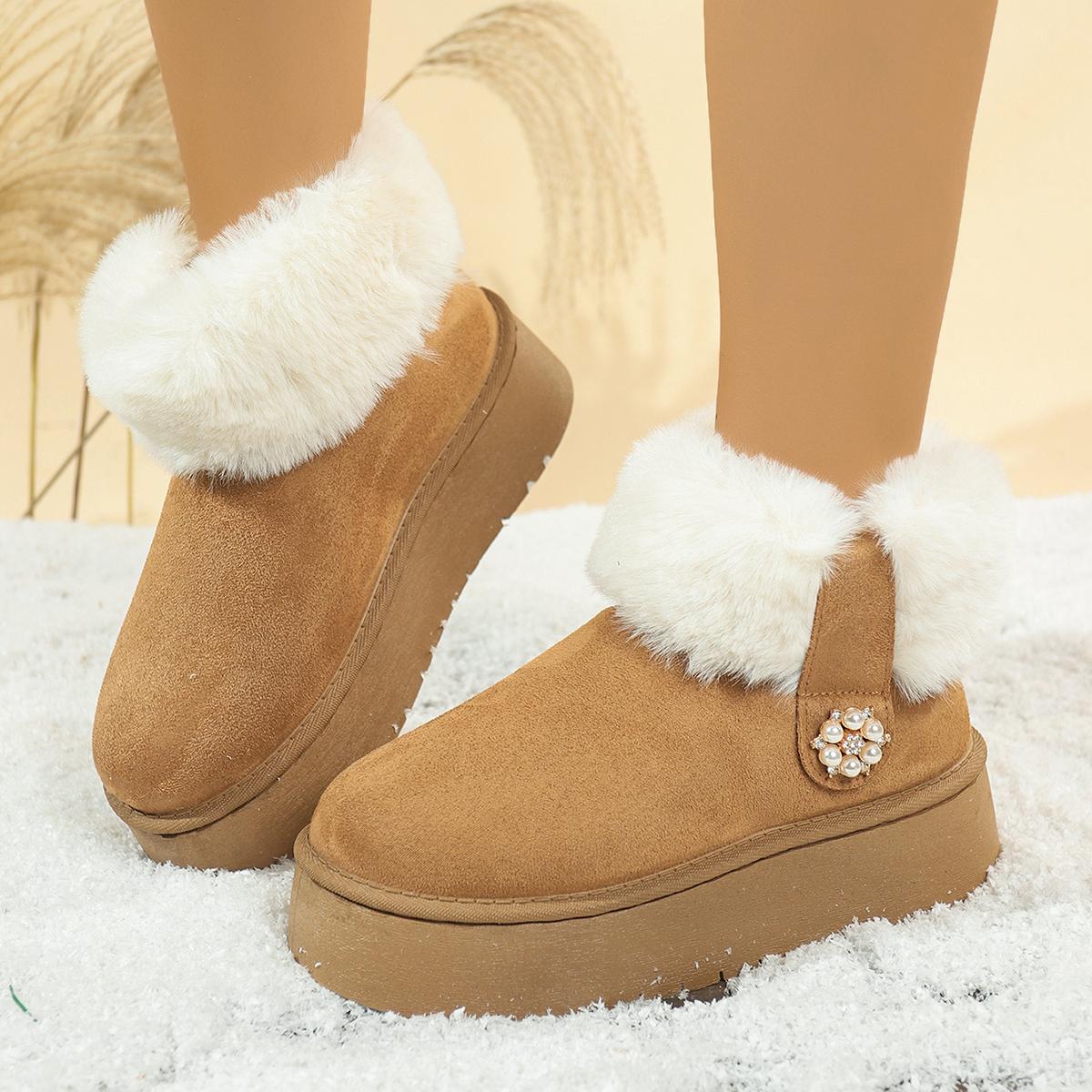 

Fashion Furry Soft Thick Bottom Snow Boots Women 2025 Winter Warm Fluffy Fur Ankle Boots with Platform Pearl Decoration Designer Shoes 41 хаки
