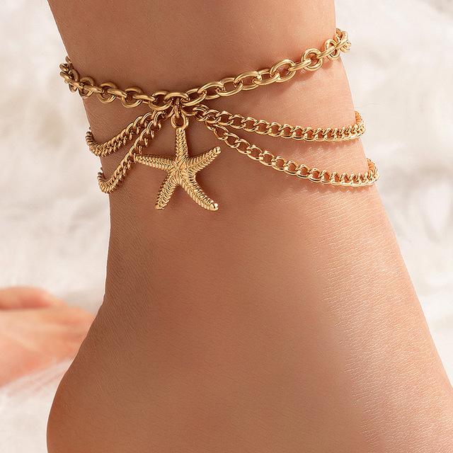 Zoshi Golden Foot Chain 3 Layers Anklets For Women Snake -Shaped Star Heart Pendant Foot Chains Beach Jewelry Summer Leg Chains