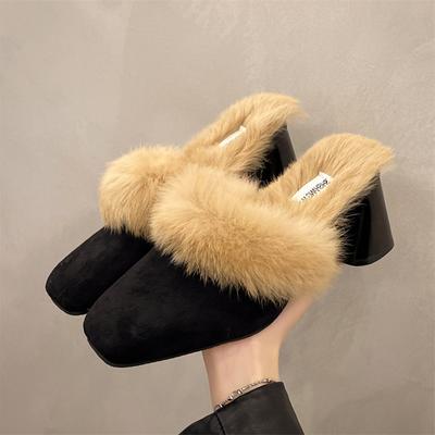 Fashion Winter Women Fur Shoes Elegant Fashion Closed Toe Mules 2024 New Style Retro Versatile Soft Warm Slippers Women Flip Flops
