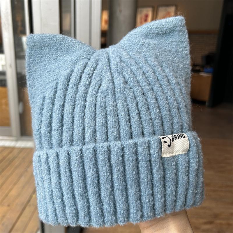 Cat Ears Wool Hat Women's Autumn and Winter Warm Cute Knitted Hat Casual Versatile Soft Girl Cold Hat
