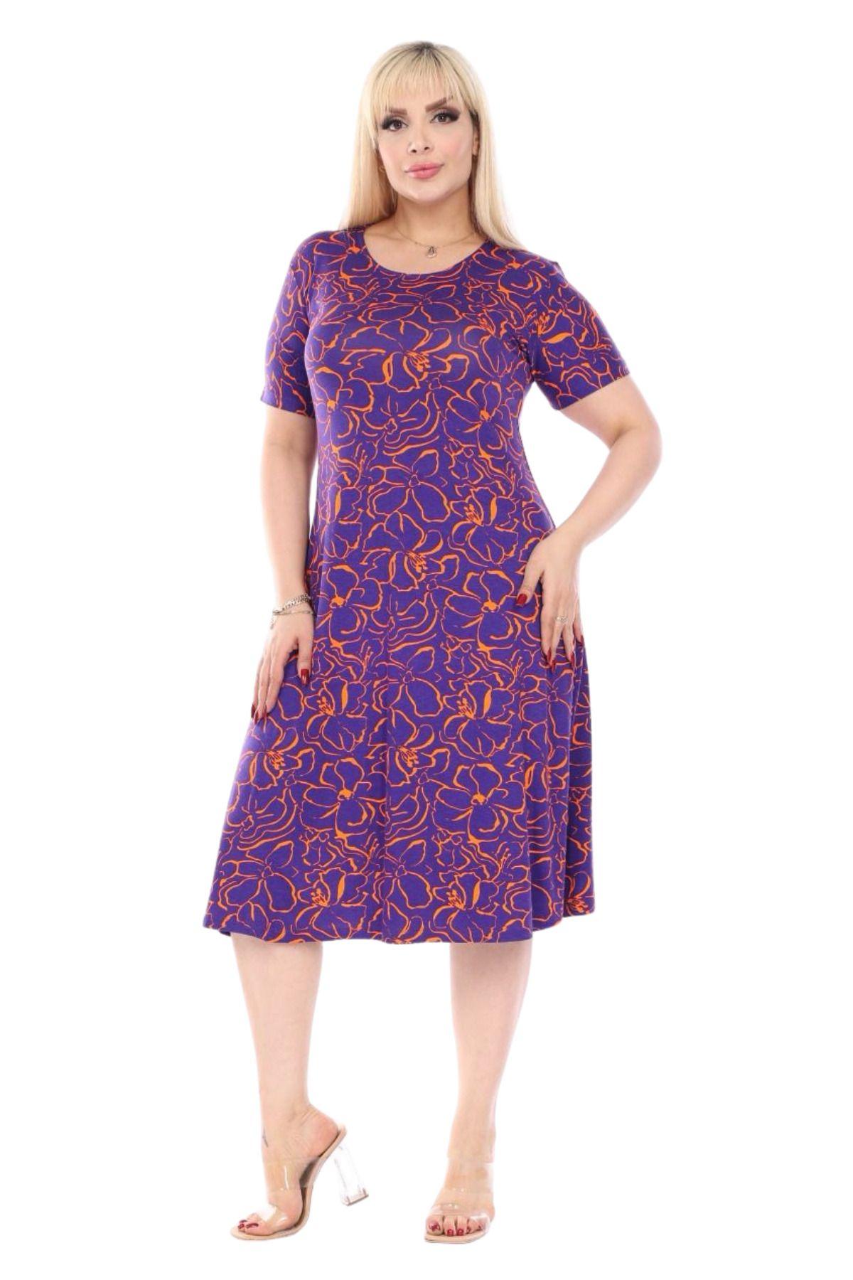 

Women s Big Size Dress Plus Size Short Sleeve Purple Floral Patterned Midi Dress XL/2XL