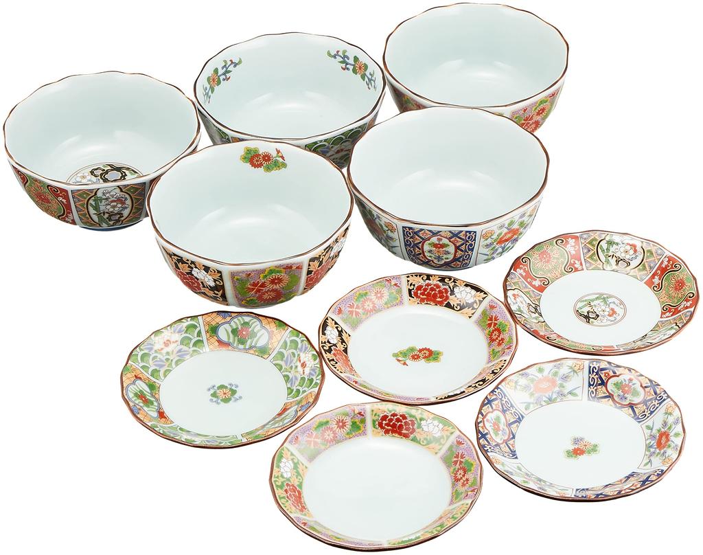 Tableware set Nishikiko Imari plate set Japanese Bowl x5pcs and Plate x5pcs set PorcelainSize(cm) 12x5.6, 11.3x2No099994