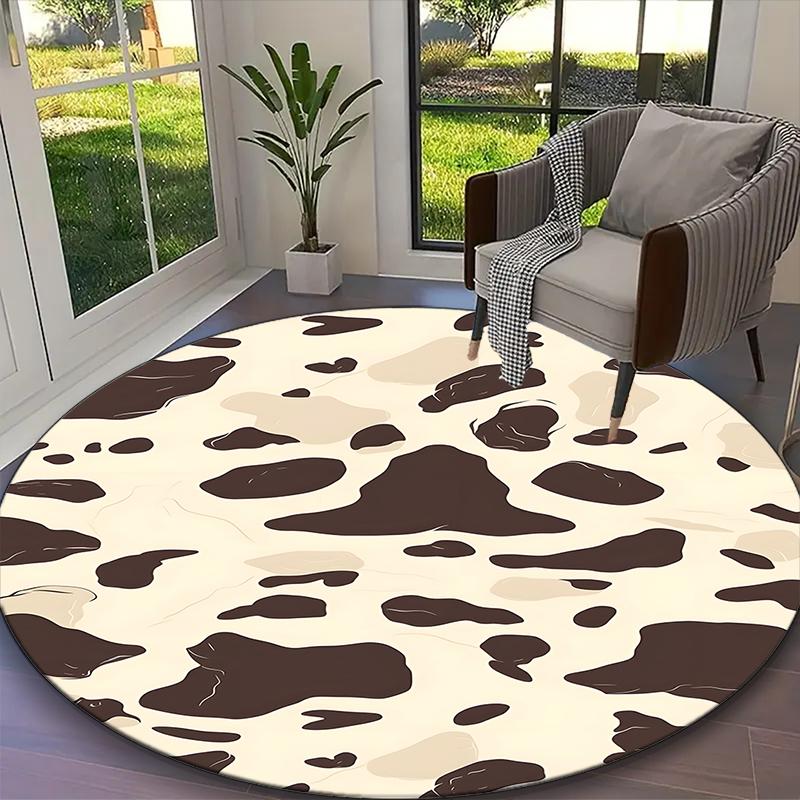 [1pc Vintage Cow Print Office Carpet] Easy Maintenance Chair Rug for Conference Room Use, Durable Round Sofa Floor Mat
