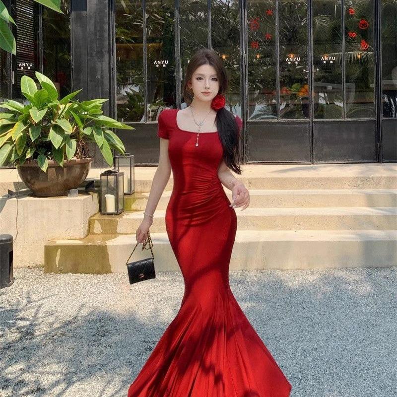 Hepburn style French temperament summer new pleated pure waist short sleeve hip wrap fishtail dress drape long dress