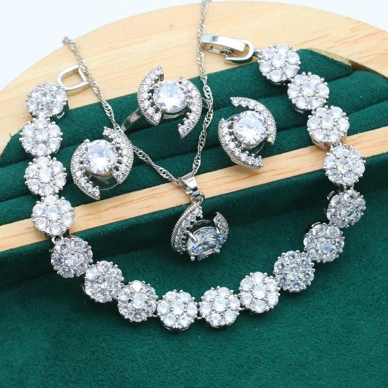 

Свадебные комплекты ювелирных изделий серебряного цвета для женщин, браслет с белым цирконом на день рождения, серьги с пирсингом, ожерелье, кулон, кольцо, подарок на свидание