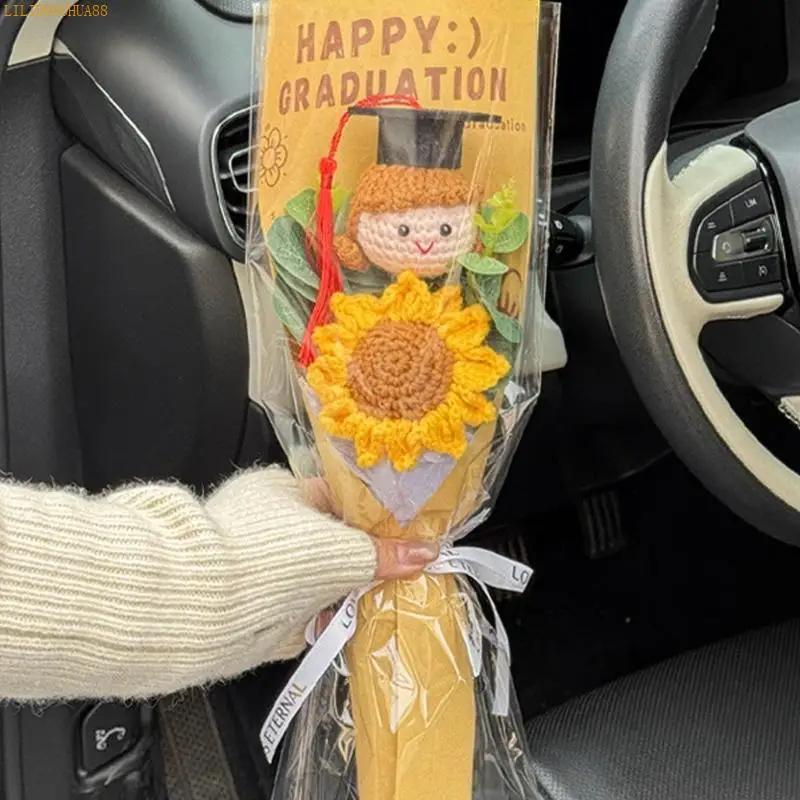 K1AE User Friendly Crochet Sunflowers Bouquets Handmade Graduation Gift Wool Flower