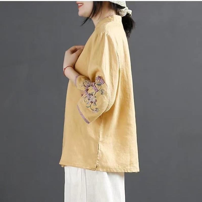 Chinese Style Retro Cotton and Linen Shirt Women's Spring and Summer Chinese Style Stand-up Collar Buttoned Top Embroidered Tea Dress
