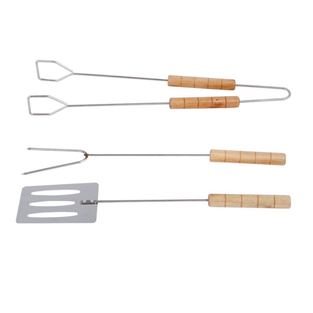 3Pcs Wood Long Handle BBQ Spatula Tongs Fork Set Heat Resistant Barbecue Utensils Grilling Picnic
