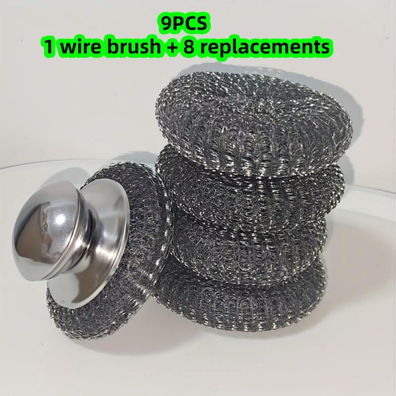 

9-Piece Set of Small Steel Wire Brushes (1 Wire Brush + 8 Replacement Refills) Steel Wool Cleaning Brush for Kitchen Use, Pot Cleaning Tool with Han