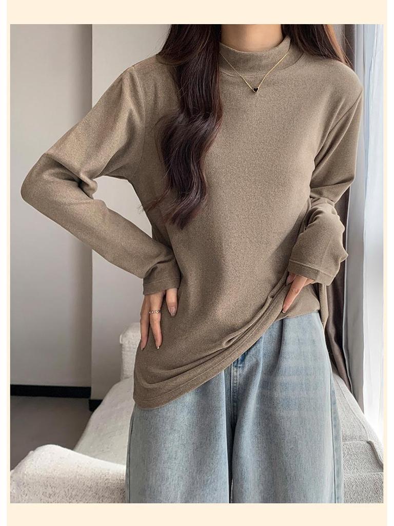 Women's Korean Style Double-Sided Velvet Long-Sleeve Turtleneck Top - Solid Color