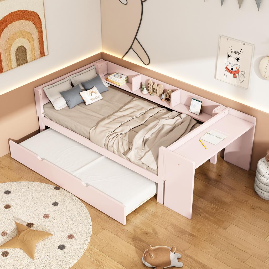 Low Bed 90*200cm, with Pull-out Bed, with Desk, Three Shelves on the Side of the Bed, Pink