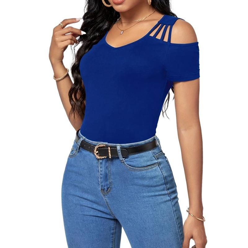 Summer New Fashionable Off-shoulder Solid Color Sexy V-neck T-shirt Slim Pullover Top