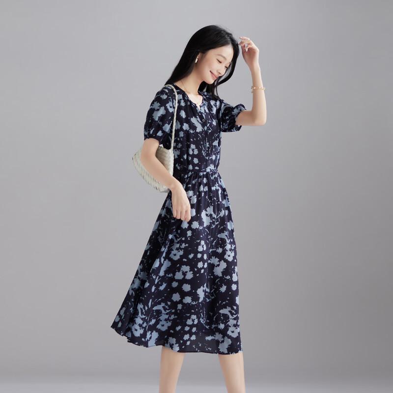 SOFSIL Elegant Floral V-Neck Mulberry Silk Midi Dress L