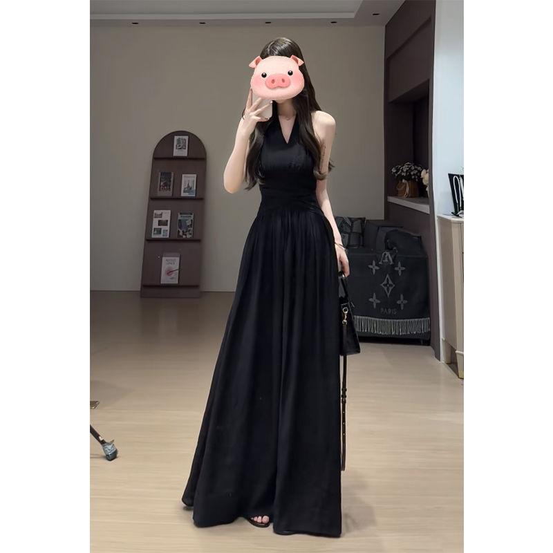 French White Sleeveless Neck V-neck Dress for Women's Summer New Beautiful Waist and Thin Big Swing Dress