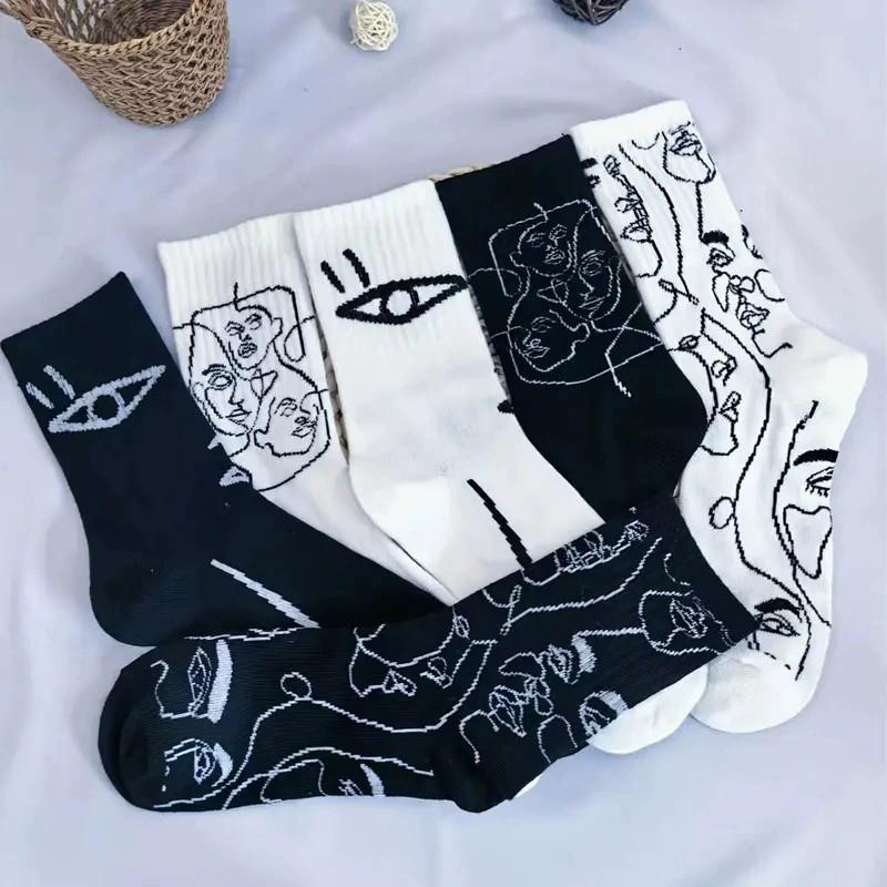 3/6 Pairs Abstract Line Paintings Mid Tube Cotton Socks Street Trend Sports Sweat Absorbing Breathable Couple Casual Socks