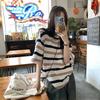 Slim Striped Loose Gentle Short-sleeved T-shirt Student Couple Summer Monsoon Casual Lazy Style Top for Women