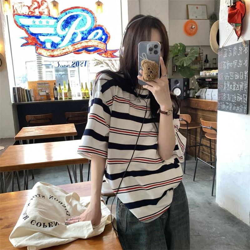 Slim Striped Loose Gentle Short-sleeved T-shirt Student Couple Summer Monsoon Casual Lazy Style Top for Women