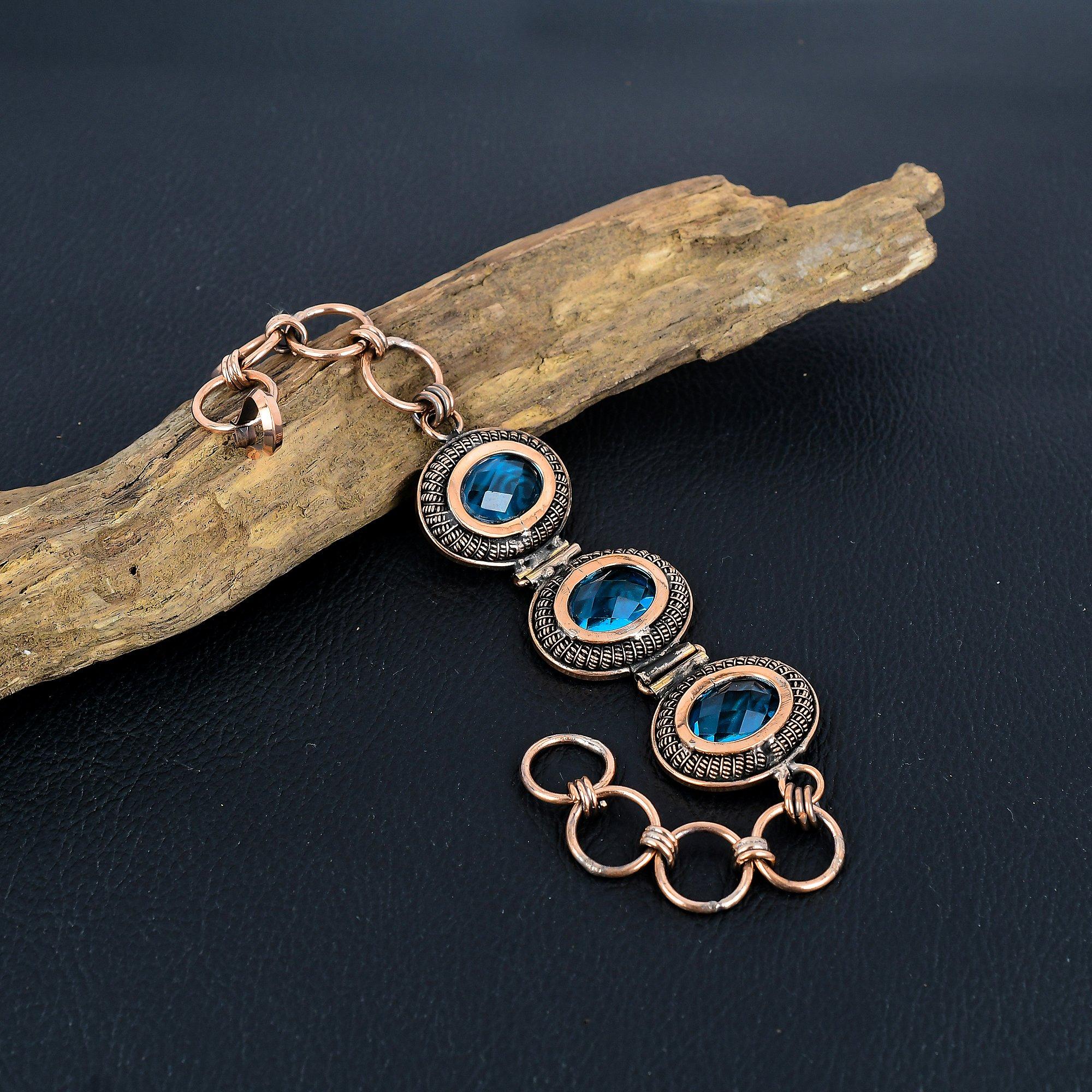 

Браслет из голубого топаза, украшения, обернутые медной проволокой 999 пробы, браслет из драгоценных камней с регулируемой цепочкой, подарок для нее, изящные украшения ручной работы