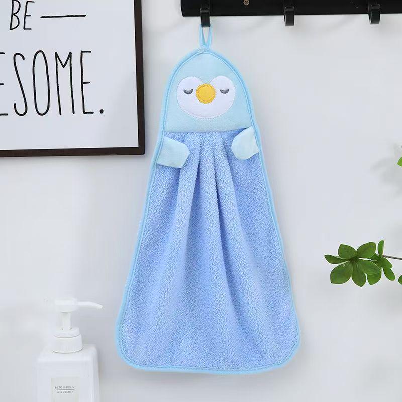 Penguin Coral Fleece Hanging Hand Towel - Absorbent & Soft for Kitchen or Bathroom Use