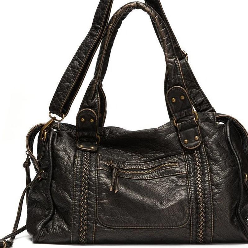 Korean Version Women's Bag, Casual Washed Leather Shoulder Bag, Soft Leather Retro Motorcycle Bag, Crossbody Bag