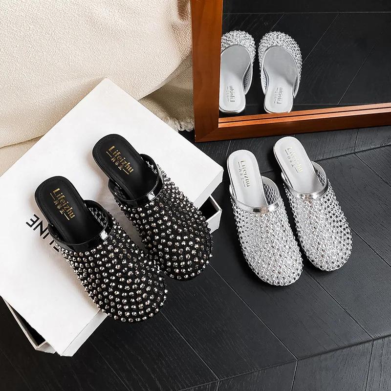 Letní dámské boty Moderní pantofle Kamínky Nýty Ležérní nazouváky Síťované slip-on mokasíny