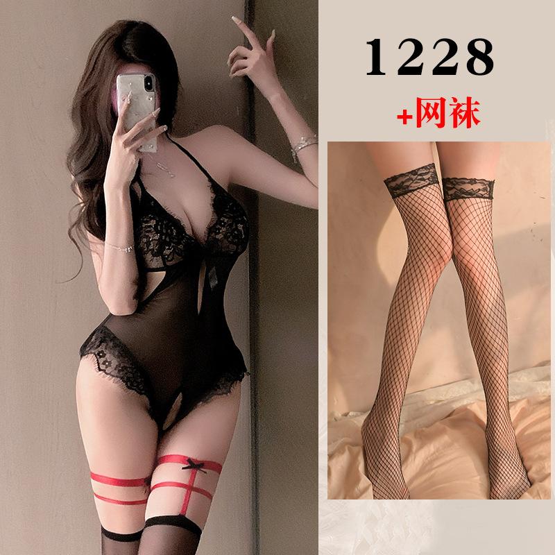 Sex underwear women's pure desire uniform lace suspender mesh nightdress open gear temptation purple sex suit
