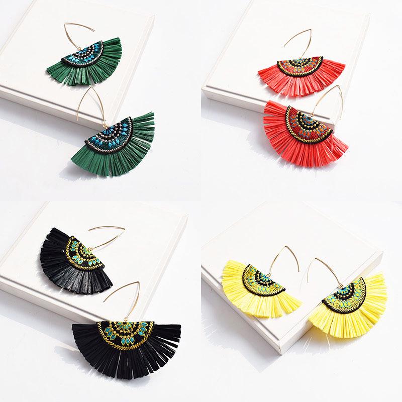 European & American Retro Raffia Tassel Stud Dangle Earrings