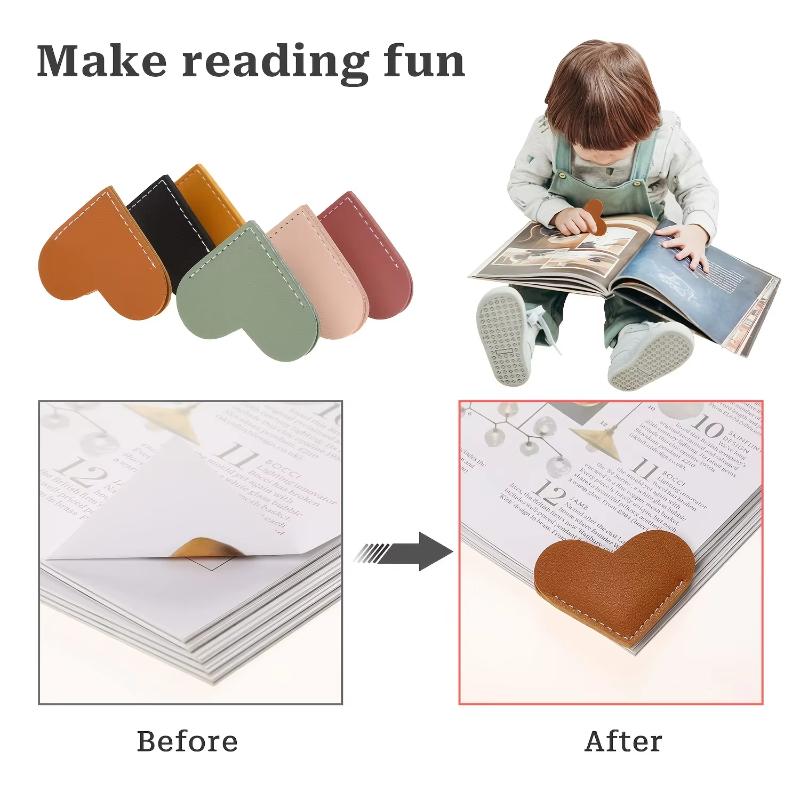 6pcs Leather Heart-Shaped Bookmarks Cute Corner Book Accessory for Reading Enthusiasts Women's Desk Organizer Gift