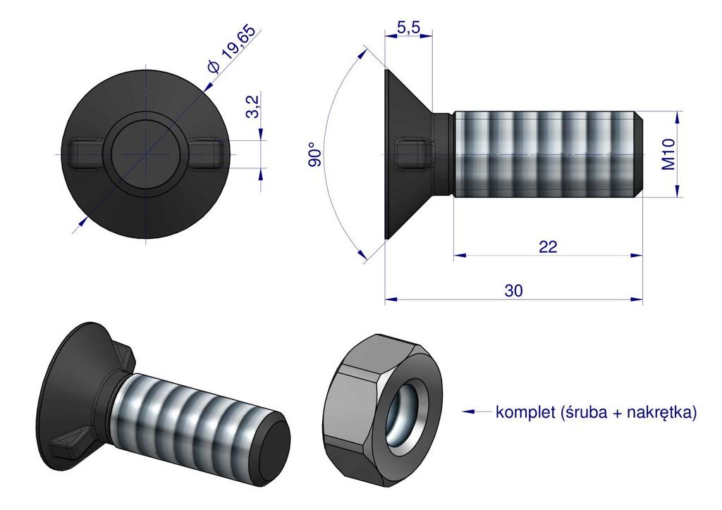 Set of Two-nose Plow Bolts, Larger Head M10x30 , Class 10.9, Waryński (sold In Sets of 25)