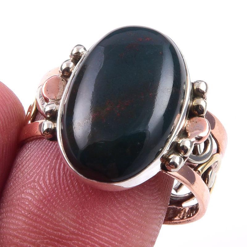 

Natural Bloodstone Gemstone 925 Sterling Silver Jewelry Two Tone Ring S.9.5 Z3c13